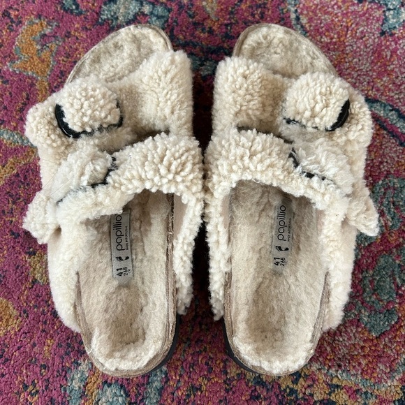 Birkenstock Papillio | Women’s Cream Teddy Bear Sherpa Lined Arizona Sandals, 10 - Picture 6 of 16